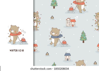 Cartoon teddy bear and sled with a gift. Card and seamless background pattern. Hand drawn surface design vector illustration.
