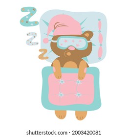 Cartoon teddy bear sleeps sleep for print design. Funny cartoon character.Cute baby print. White background.