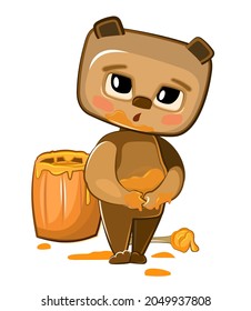 Cartoon Teddy Bear sweet tooth got soiled with honey. Wooden cask. Naive baby. Funny childish illustrations for print. Illustration in a flat style. The isolated object on a white background. Vector.