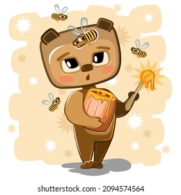 Cartoon Teddy Bear sweet tooth with honey. Among the bees. Naive baby. Funny childrens illustrations in flat style for printing. The isolated object on an abstract white background. Vector