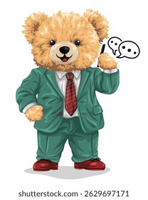 Cartoon teddy bear talking with speech bubbles
