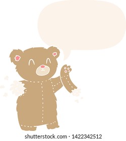 cartoon teddy bear with torn arm with speech bubble in retro style
