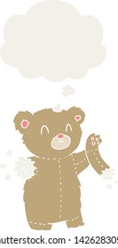 urso de pelúcia de desenho animado com braço rasgado com bolha de pensamento em estilo retrô
