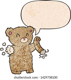 cartoon teddy bear with torn arm with speech bubble in retro texture style