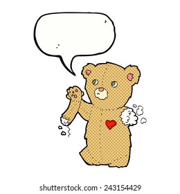caricatura de osito de peluche con brazo roto con burbuja de habla