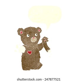 caricatura de osito de peluche con brazo roto con burbuja de habla