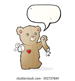 cartoon teddy bear with torn arm with speech bubble