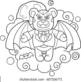 Cartoon teddy bear vampire flies in the sky