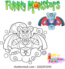 cartoon teddy bear vampire, funny illustration coloring book