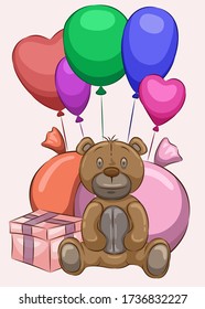 Cartoon teddy bear vector illustration With balloons and gift bags as an element