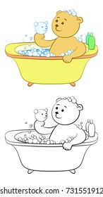 Cartoon Teddy Bear Washes in the Bath, Soap Bubbles, Shampoo, Hold in Hand a Bubble in the Form of a Bear Head. Color Version and Black Contours Isolated on White Background. Vector