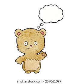 cartoon teddy bear waving with thought bubble