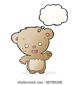 oso de peluche de caricatura saludando con burbuja de pensamiento