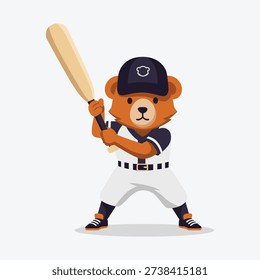 Cartoon teddy bear wearing baseball uniform holding bat
