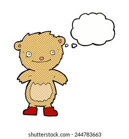 cartoon teddy bear wearing boots with thought bubble