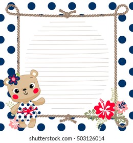 Cartoon teddy bear wearing cute summer outfits on the beach and sample text. paper note design illustration vector.