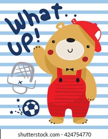 Cartoon teddy bear wearing hat playing soccer on blue and white stripes background vector.