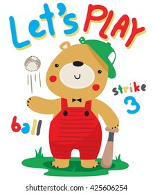 Cartoon teddy bear wearing hat with baseball, isolated on white background illustration vector.