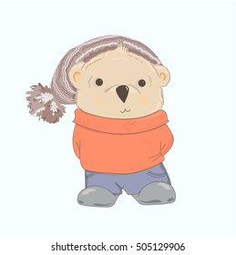 cartoon Teddy Bear wearing a hat,  jacket and jeans vector illustration