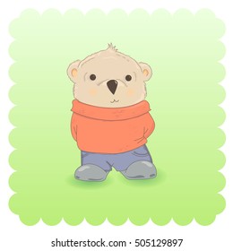 cartoon Teddy Bear wearing a jacket and jeans on green background vector illustration