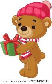 Cartoon teddy bear wearing scarf and hat holding gifts