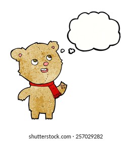 cartoon teddy bear wearing scarf with thought bubble