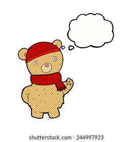 oso de peluche de caricatura con sombrero de invierno y bufanda con burbuja de pensamiento