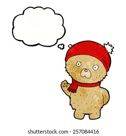 oso de peluche de caricatura con sombrero de invierno y bufanda con burbuja de pensamiento