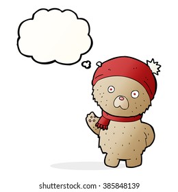 cartoon teddy bear in winter hat and scarf with thought bubble
