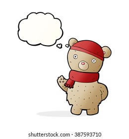 cartoon teddy bear in winter hat and scarf with thought bubble