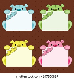 Cartoon teddy bears in different colors with blank signboards 