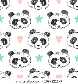 Cartoon Teddy Bears Vector Seamless Pattern. Scandinavian style Animals. Background for Kids of Hand drawn Doodle Cute Baby Panda Bear Head with Stars and Hearts