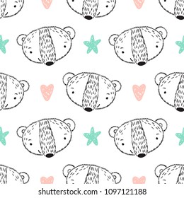 Cartoon Teddy Bears Vector Seamless Pattern. Scandinavian style Animals. Background for Kids of Hand drawn Doodle Cute Baby Polar Bear Head with Stars and Hearts