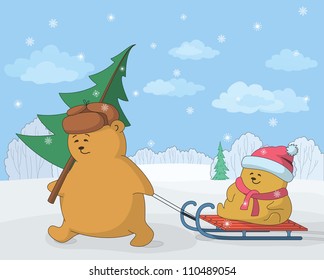 Cartoon, teddy bears in the winter forest, father with a Christmas tree and child on sled. Vector illustration