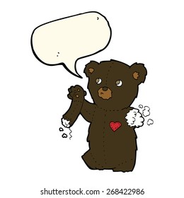 cartoon teddy black bear with torn arm with speech bubble