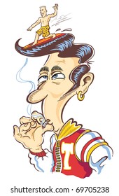 cartoon of teddy boy with surfer in the wave of his hair / Teddy Boy and surfer