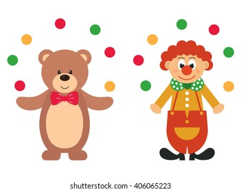 cartoon teddy and clown with balls