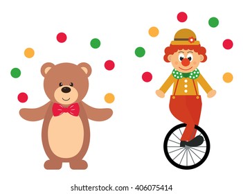 cartoon teddy and clown and bike