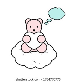 Cartoon. Teddy happy bear with thought bubble on a cloud. Vector illustration.