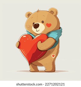 Cartoon teddy hugging red heart