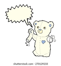 cartoon teddy polar bear with torn arm with speech bubble