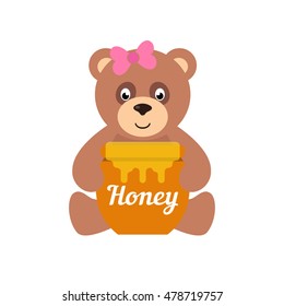 cartoon teddy sitting with honey and bow