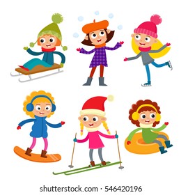 Cartoon teen aged girls in winter clothes, cartoon vector illustration isolated on white background. Full height portrait of teenages, fun winter activity, outdoor leisure time