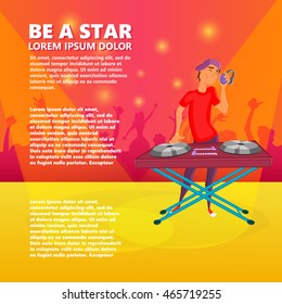 Cartoon teen dj. Boy playing. Young Dj wearing headphones and scratching a record on the turntable.