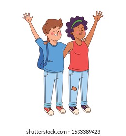 cartoon teen girl and boy waving over white background, vector illustration