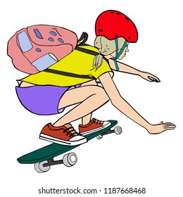 Cartoon Teen girl skateboarder on skateboard in red helmet skateboarding. Hand drawn colored vector illustration isolated on white background.