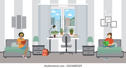 Cartoon teen students in dormitory room. Female characters together, girls reading books and doing homework, interior with furniture. flat vector illustration