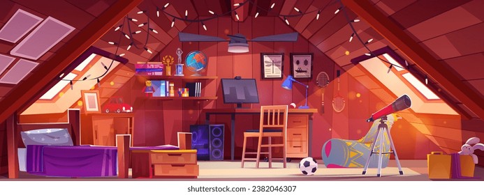 Cartoon teenage boy bedroom in attic of house, furniture and accessories for active sports. Vector room with bed and table with computer, shelves with books and athletic cups, telescope and toys.