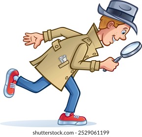 Cartoon of a teenage boy dressed up as retro looking police detective wearing a trench coat and fedora hat and using a magnifying glass while searching for clues.