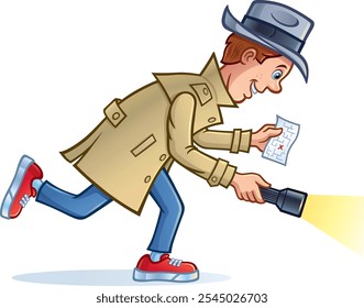 Cartoon of a teenage boy dressed up as retro looking police detective wearing a trench coat and fedora hat and using a flashlight while searching for clues with a secret diagram.